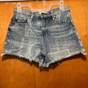 KanCan Blue Jean Shorts with Distressed Hem and Paisley Print